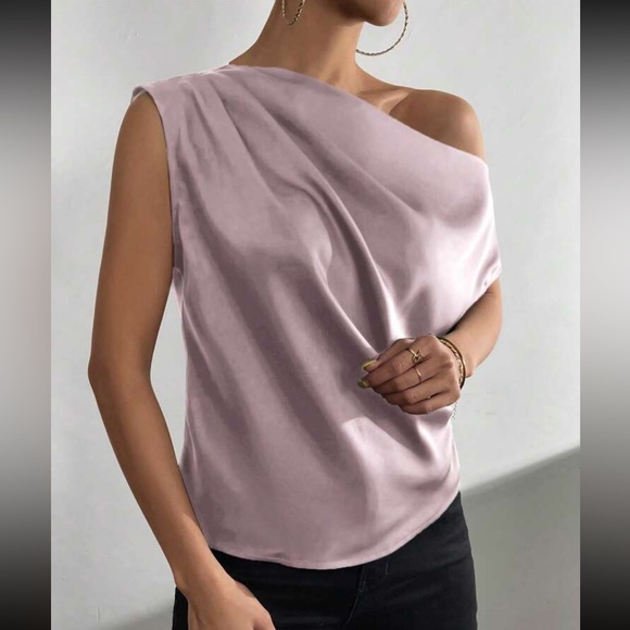 Ruched  mauve purple asymmetrical neck blouse - Picture 2 of 16